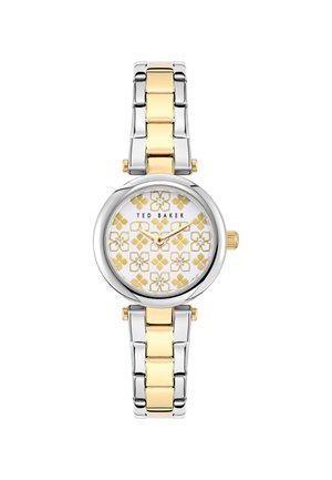 Zweifarbiges Silber- und Gold-Uhr mit rundem Zifferblatt, gemustertem weißen Ziffernblatt mit floralen Designs und einem Armband aus Edelstahl.