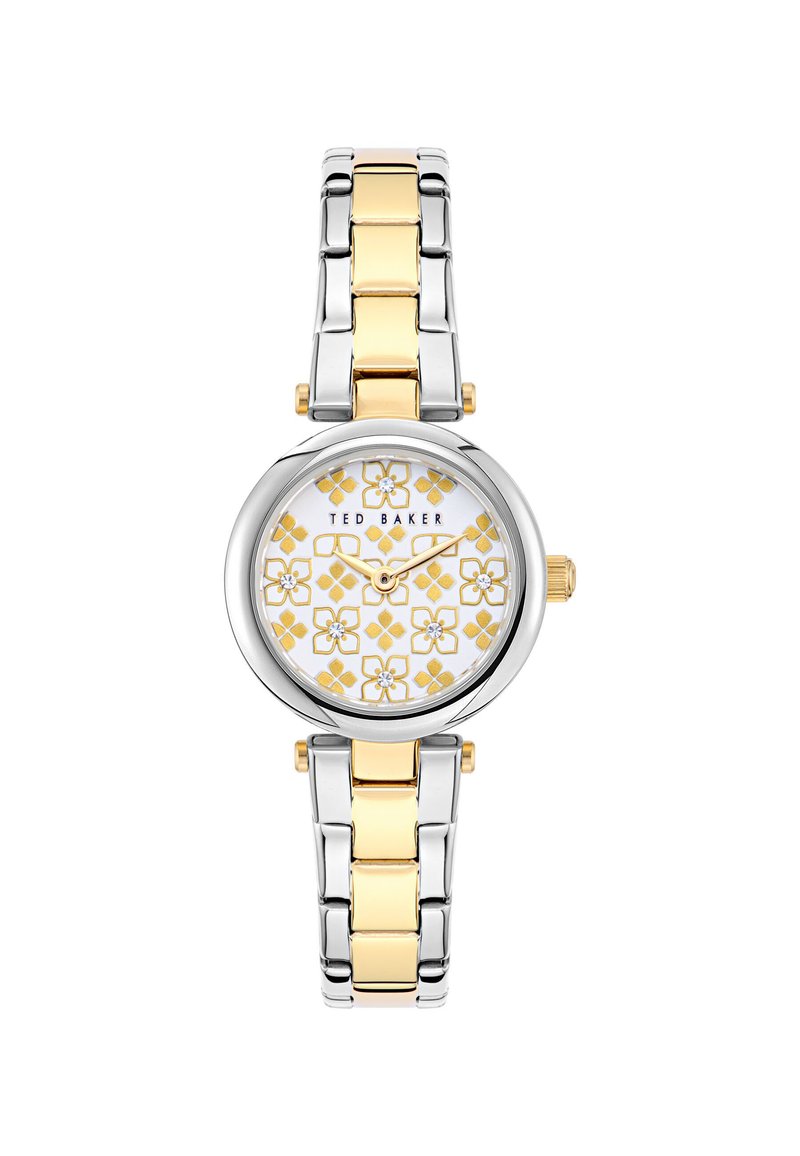 Reloj bicolor en plata y oro con esfera redonda, marcador blanco con patrón que presenta diseños florales, y una pulsera de acero inoxidable.