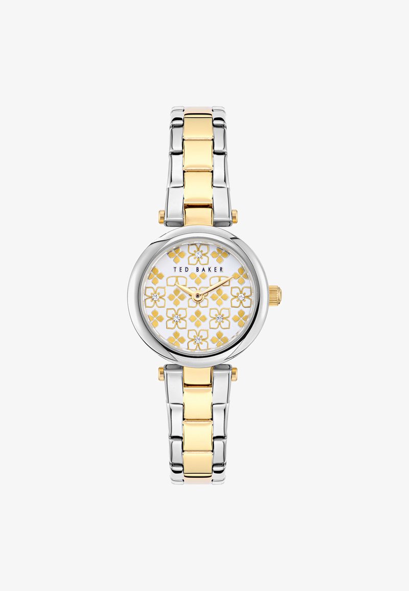 Montre bicolore argent et or avec un cadran rond, un cadran blanc à motif mettant en avant des designs floraux, et un bracelet en acier inoxydable.