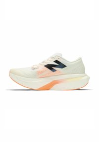 Lightweight running shoe featuring a white mesh upper with a pink and orange gradient outsole, and a black "N" logo on the side.
