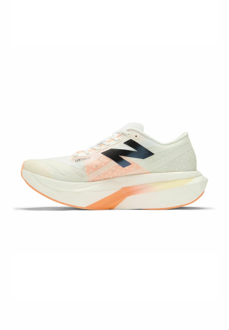 Lightweight running shoe featuring a white mesh upper with a pink and orange gradient outsole, and a black "N" logo on the side.