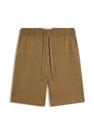 Brown knee-length shorts with elastic waistband and front drawstring, featuring side pockets and a relaxed fit.