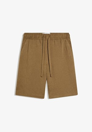 Brown knee-length shorts with elastic waistband and front drawstring, featuring side pockets and a relaxed fit.