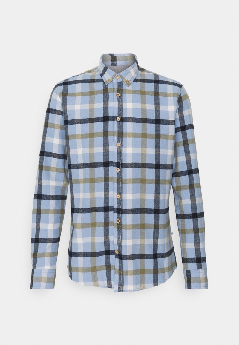 Blå och grön rutig skjorta i mjukt tyg, med lång ärm, klassisk krage och träknappar framtill.