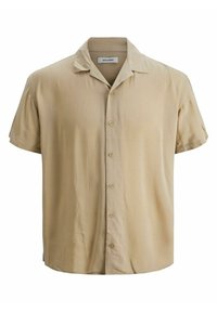 Chemise beige à manches courtes avec boutonnière et col campagnard, confectionnée en tissu léger, étiquetée Jack & Jones.