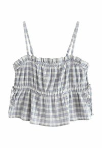 Top corto a quadri blu e bianchi, in materiale di cotone, design svasato, smocking elasticizzato nel corpetto, spalline regolabili e dettagli laterali.