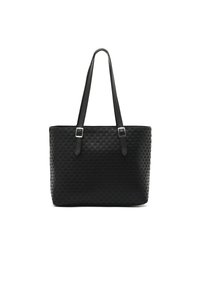 Čierna taška cez rameno vyrobená z textúrovaného syntetického materiálu s tkaným vzorom. Obsahuje dva dlhé popruhy a akcenty v striebornej farbe.