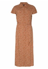 Ruskea kukallinen mekko, jossa on kaulus, lyhyet hihat ja vyö. Sisältää toistuvan valkoisen kukkakuosisuunnittelun ja suoran siluetin.