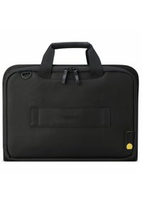 Borsa per laptop nera realizzata in tessuto texturizzato, dotata di due manici, chiusura con zip e un piccolo accento giallo sul lato.