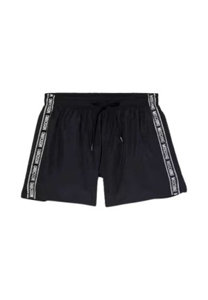 Costume da bagno nero con fascia elastica in vita e coulisse, con strisce bianche marchiate lungo i lati.