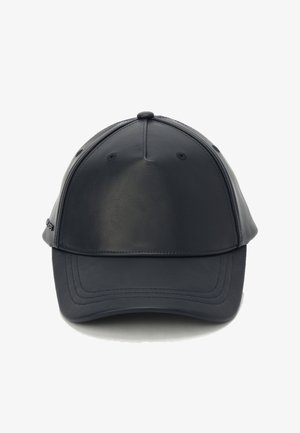 Leather baseball cap in dark navy with curved brim, stitched detailing, and ventilation holes. Smooth texture with a structured design.