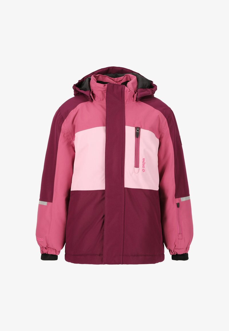 Paarse en roze geïsoleerde jas met een capuchon, een voorrits, een borstzak en reflecterende accenten. Waterafstotende stof en elastische manchetten.