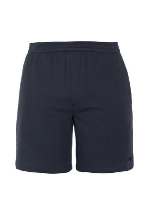 Shorts en tissu texturé bleu marine avec taille élastique et ourlet droit, conçus pour une tenue décontractée.