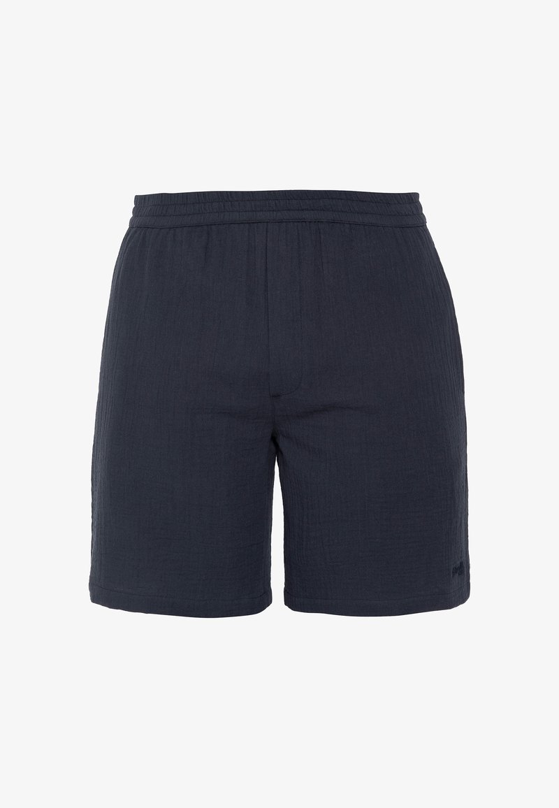 Shorts en tissu texturé bleu marine avec taille élastique et ourlet droit, conçus pour une tenue décontractée.