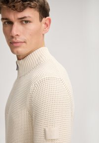 Maglione beige chiaro lavorato a maglia con collo alto e cerniera. Presenta un motivo a texture e un'etichetta del marchio sulla spalla sinistra.