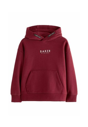 Hnědá mikina z bavlněné směsi, s přední kapsou, kapucí na stažení a bílým nápisem "BAKER" na hrudi.