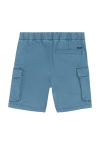 Blå cargoshorts med elastisk midja, två sidofickor och en bakficka. Slät textur och avslappnad design.