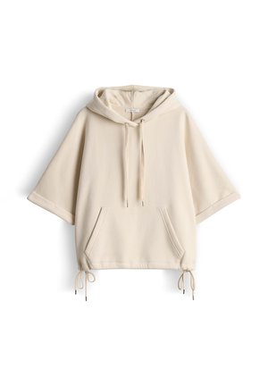 Beige korte mouw hoodie met kangoeroezak aan de voorkant, verstelbare trekkoorden aan zoom en capuchon, gemaakt van zachte stof.
