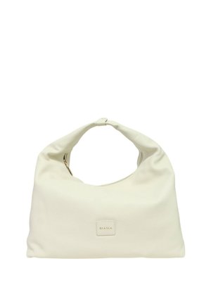 Borsa a tracolla in pelle crema morbida con manico largo e arrotondato e cerniera dorata, con una piccola etichetta rettangolare del marchio "Biasia."