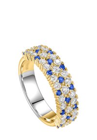 Gold ring featuring a cluster of round white diamonds and blue stones. Textured band with alternating color stones, shiny metal finish.