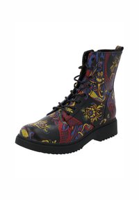 Botte de combat à lacets avec une tige en synthétique noir ornée d'un motif floral éclatant en rouge, bleu et jaune. Semelle épaisse pour plus de durabilité.