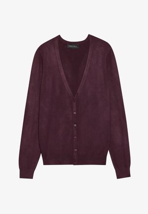 Burgundi kötött kardigán mély V-kivágással, hosszú ujjakkal, és gombos záródással elöl; sima anyag és bordázott szegély.