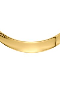 Bracciale curvo in metallo dorato con una superficie liscia e riflettente. Il design presenta una finitura senza soluzione di continuità e lucida.