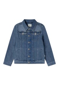 Jeanjacke in Mittelblau mit einem spitzen Kragen, vorderem Knopfverschluss, zwei Brusttaschen und Seitentaschen. Mit gestickten Details.