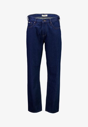 Tumesinised teksapüksid sirge lõikega, kontrastse õmblusega ja klassikalise viie taskuga disainiga. Omavad bränditud vöökohal asuvat silti.