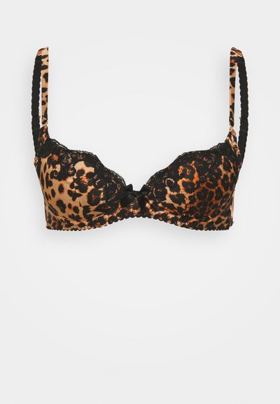 Leopardmønstret bh med sort blondekant, polstrede skåle og justerbare stropper. Har en lille sort sløjfe i midten.
