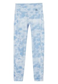 Ljusblå mönstrade leggings med en tie-dye-effekt, hög midja och sidofickor. Tillverkade av ett glatt, stretchigt material.