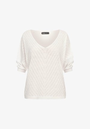 White knitted sweater with a V-neck, short puff sleeves, and a chevron pattern. Features ribbed cuffs and hem for texture and shape.