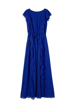 Abito lungo blu senza maniche con bordi arricciati, cintura in vita e silhouette fluida.