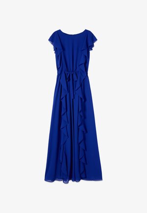 Blauwe mouwloze maxi-jurk met gerimpelde randen, een strakke taille en een vloeiende silhouet.