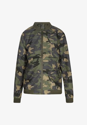 Giacca mimetica con zip frontale, colletto e polsini a costine, dal tessuto liscio e con una combinazione di colori verde, marrone e nero.