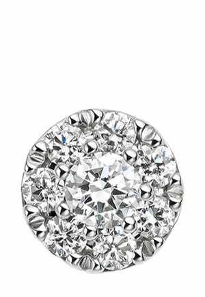 Pendientes en forma de clúster de plata redonda que presentan un gran diamante central rodeado de pequeños diamantes brillantes dispuestos en un patrón circular.