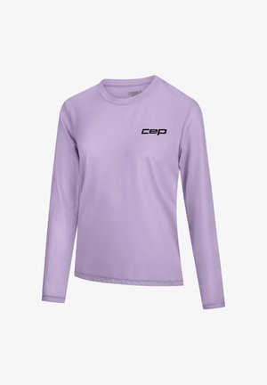 Long-sleeve lavender shirt made of textured fabric, featuring a crew neck and a black "cep" logo on the front.