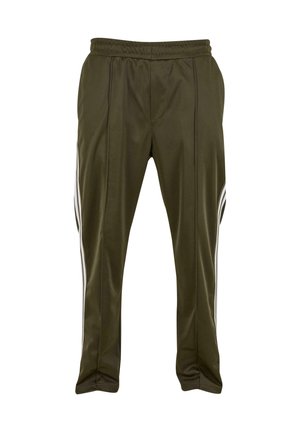 Olive green athletic pants with a drawstring waist, sleek texture, two white side stripes, and subtle seam detailing on front.