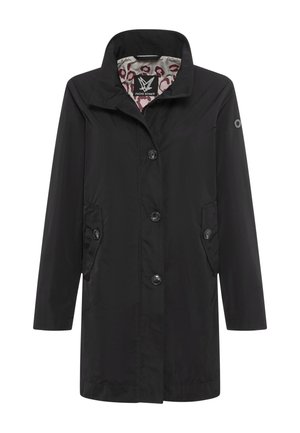 Black mid-length coat with button closure, side flap pockets, high collar, and patterned inner lining.