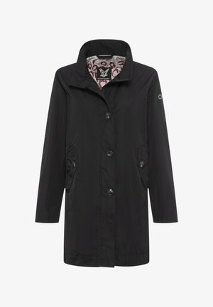 Black mid-length coat with button closure, side flap pockets, high collar, and patterned inner lining.