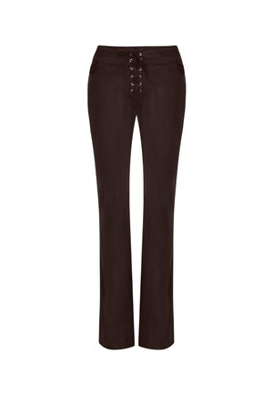 Zwarte broek met een vetersluiting aan de voorkant met zilveren oogjes, rechte broekspijpen en een gladde stoftextuur. Geen zichtbare zakken.