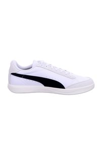 White low-top athletic sneaker with black side stripe, white laces, and textured sole, shown from the right side on a white background.