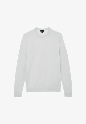 Suéter tipo pulóver gris claro en una tela de punto suave, con cuello redondo y mangas largas con puños y dobladillo acanalados. Sin patrones ni adornos.