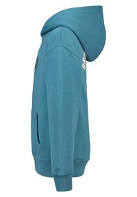 Teal hooded sweatshirt with a front pocket, ribbed cuffs, and a logo detail on the left side. Soft cotton blend fabric.
