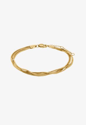 Bransoletka w kolorze złotym z wieloma pasmami, o skręconym wzorze, wyposażona w bezpieczne zapięcie typu karabińczyk oraz regulowany łańcuszek dla indywidualnego dopasowania.