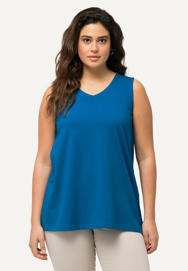 Top senza maniche, con scollatura a V in tessuto turquoise uniforme. Materiale morbido e leggero con una vestibilità comoda e orlo dritto.