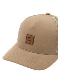 Tan corduroy baseball cap with a flat brim, mesh back, and rectangular leather patch featuring the RVCA logo. Textured surface detail.