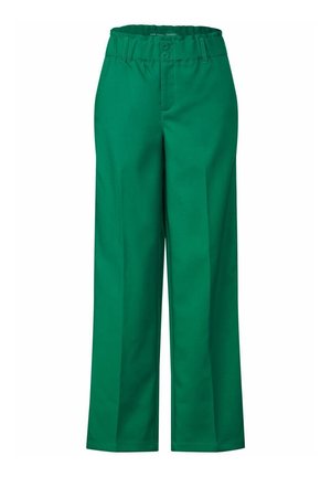 Groene broek met rechte pijpen, elastische tailleband, dubbele knoopsluiting, riemlussen en voorzakken, afgebeeld op een witte achtergrond.