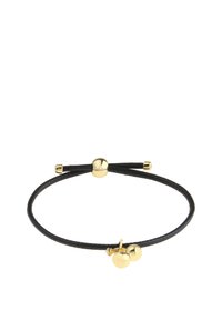 Black braided cord bracelet featuring two gold-tone round charms, a sliding knot closure, and gold-tone accents at each end.