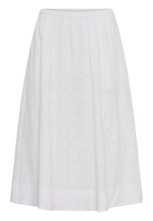 Fustă albă până la genunchi cu un model floral texturat subtil și talie elastică, potrivită pentru purtare casual sau formală.